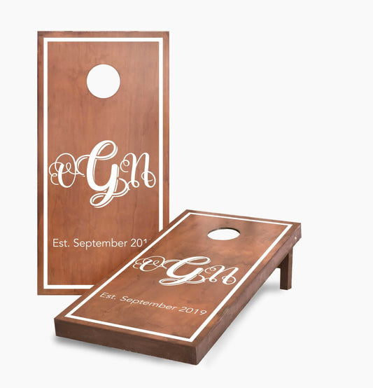 Personalized Stained Monogram and Date Swirled Cornhole Boards